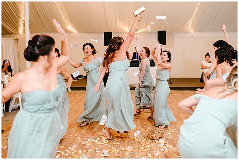 bridesmaids dancing during the wedding reception