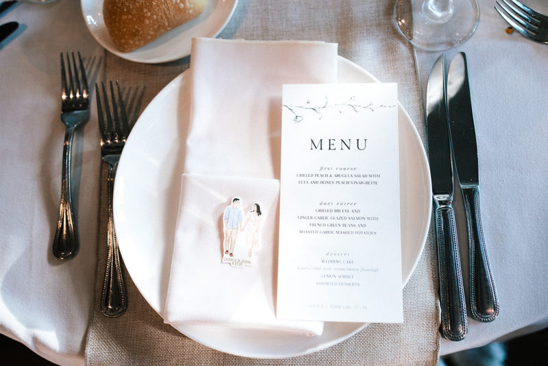 wedding menu with blush napkin and white plate
