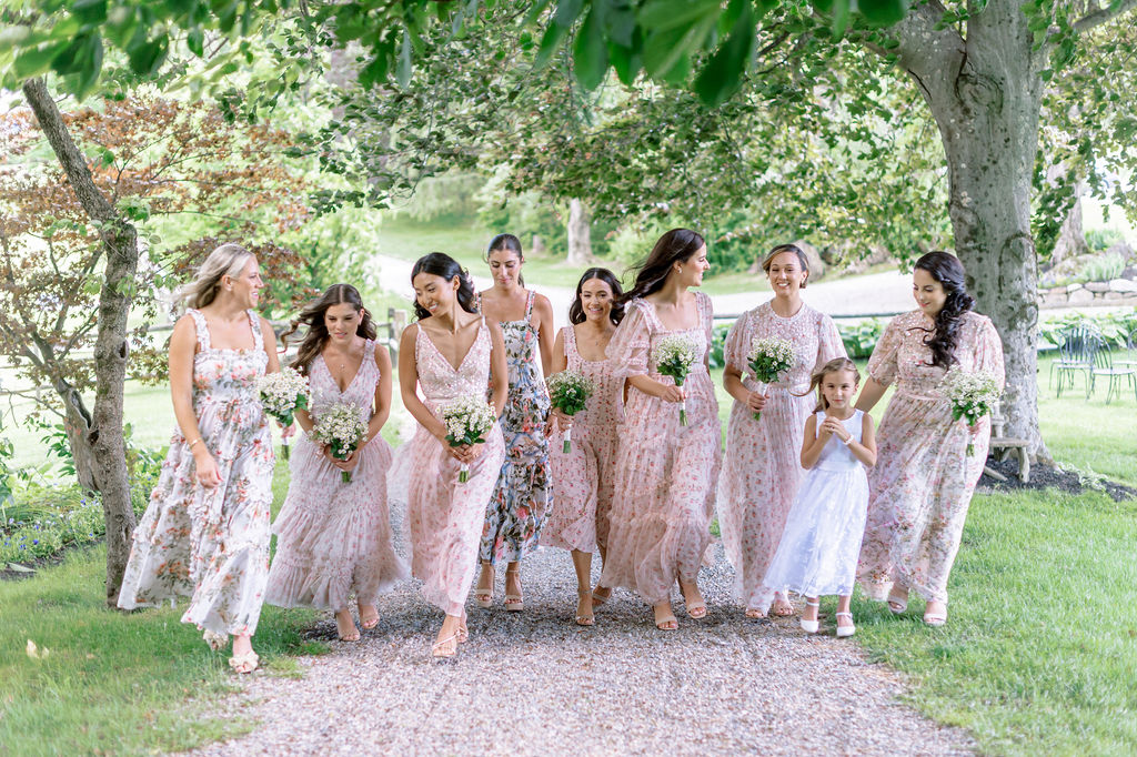 Patterned bridesmaids dresses