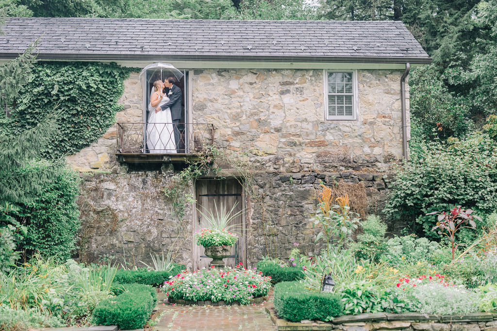 Crossed Keys Estate Stone Cottage, Old English Garden, Garden Wedding Ceremony, Romantic Raining Wedding Day