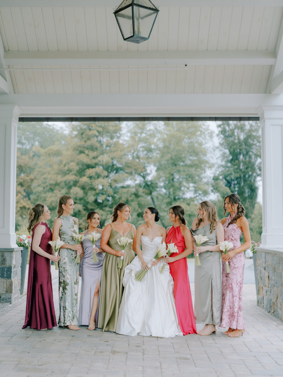 mix match bridesmaid dresses, bride, calla lily bouquets