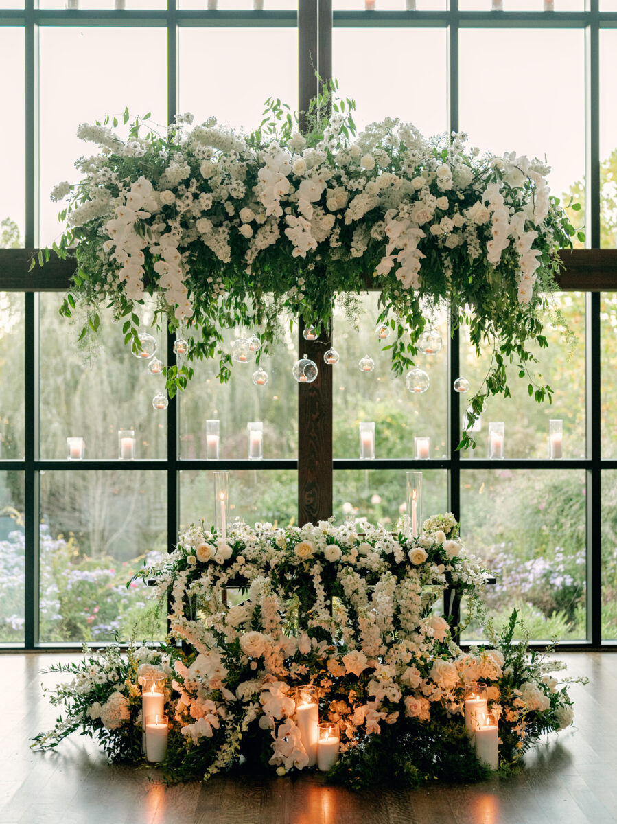 Suspended Floral Installation, Couples Sweetheart table with white flowers