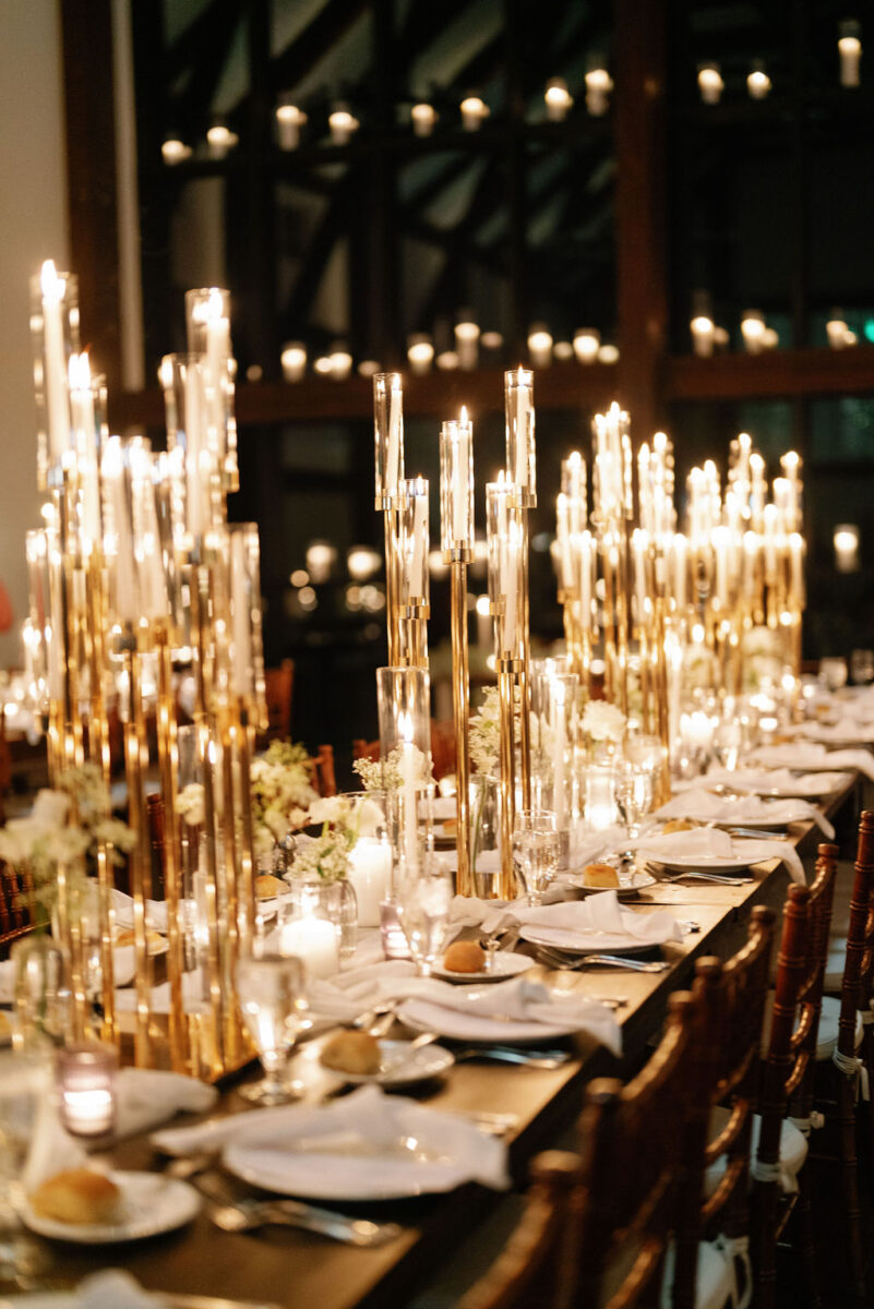 Candlelit wedding reception in the Farmhouse during a winter evening