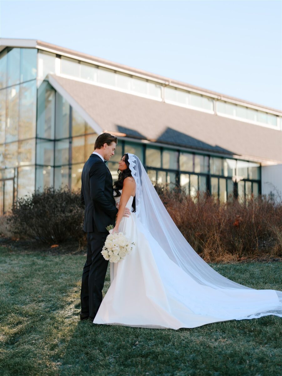 Frosted Crossed Keys Estate at sunset during a winter wedding in New Jersey