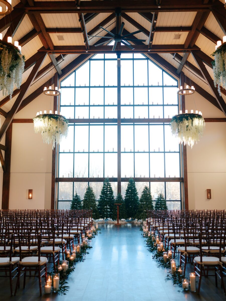 Elegant indoor wedding ceremony forest event design. Crossed Keys Estate New Jersey Winter Wedding Destination