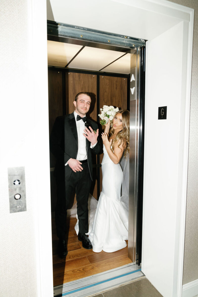 Just Married, Newlywed Couple Portraits in Elevator