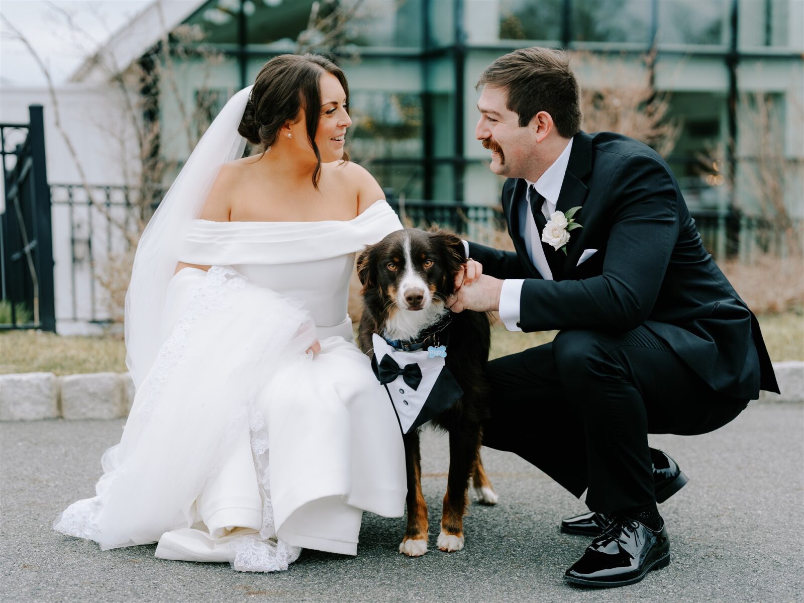 Smiling Bride & Groom with their puppy taking portraits on their wedding day.
