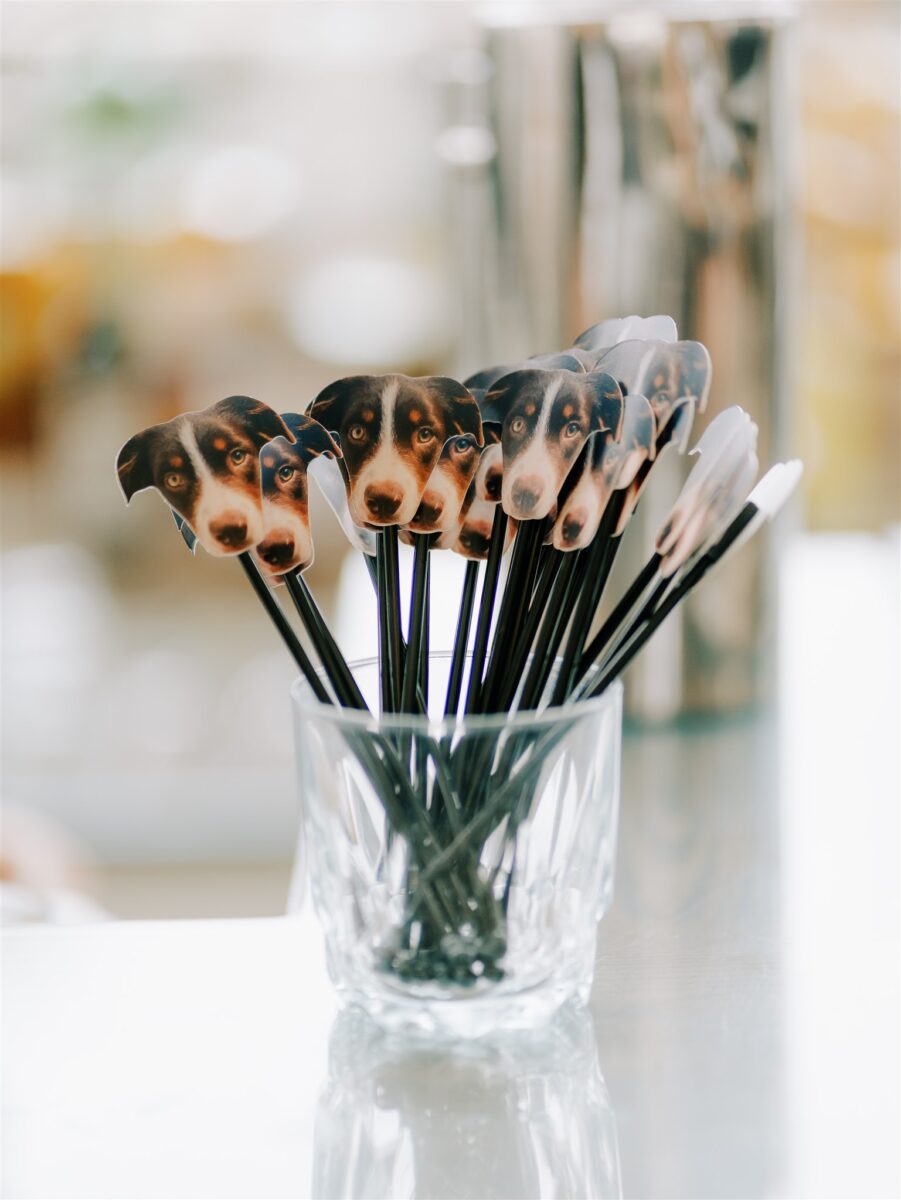 Cocktail straws customized with the bride and groom's dog's face. Dog Wedding Details, Pet Inspired Wedding Details