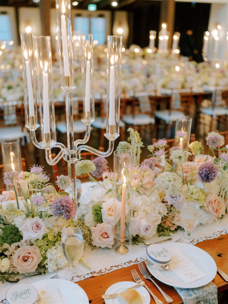 candelabra wedding reception decor, midsummer floral runner design