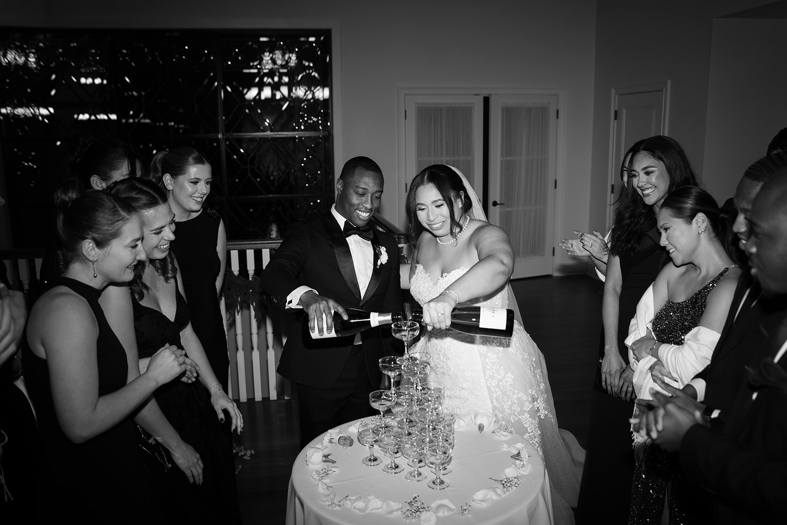 Just Married Champagne Tower Toast, New Jersey Newlyweds