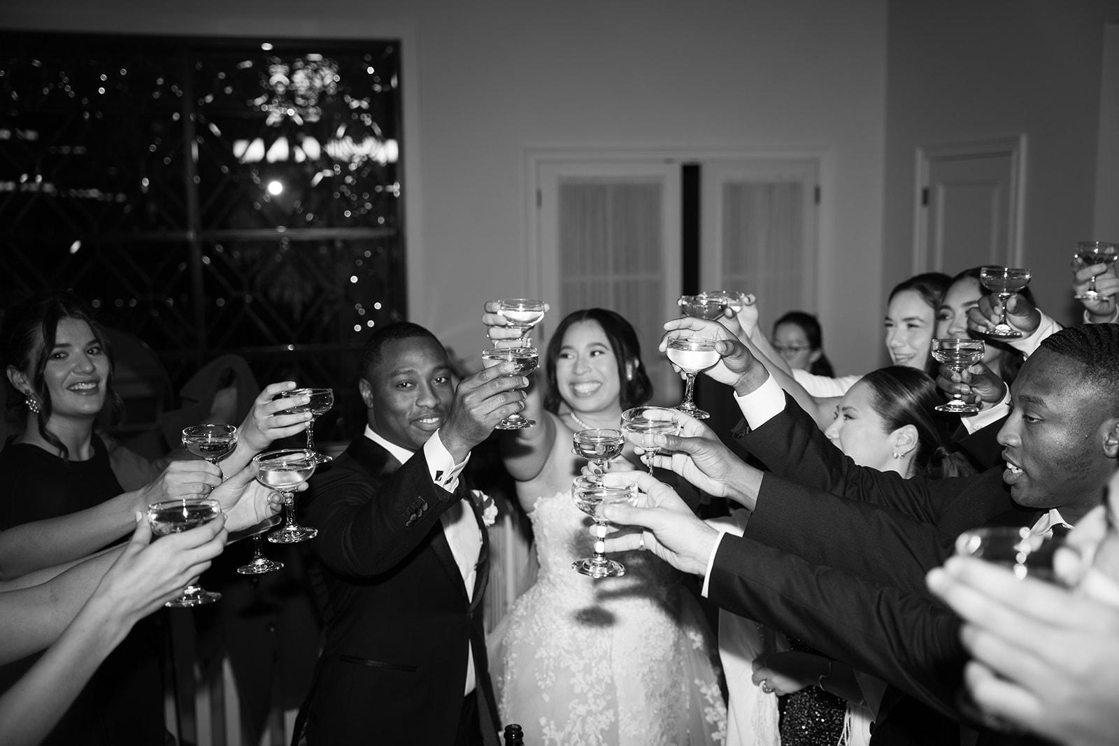 A champagne toast to the newlyweds. Champagne tower. Crossed Keys Estate Luxury New Jersey Weddings.