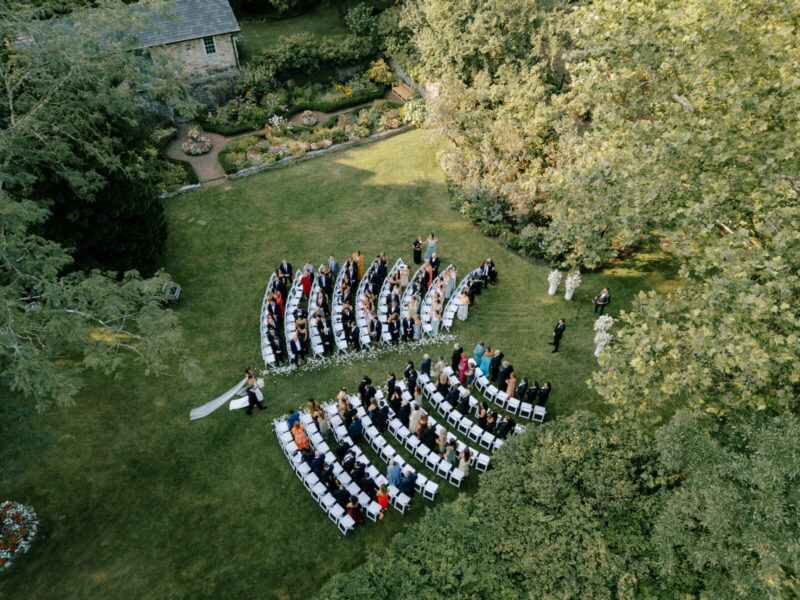 Drone Photo of Wedding Ceremony at Crossed Keys Estate. Garden Wedding Venue.