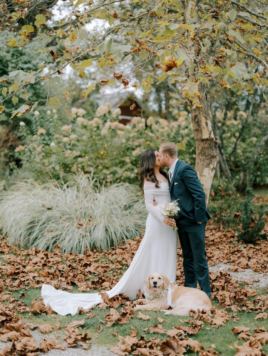 Fall Wedding Portraits, Newlywed Portraits with golden retriever flower girl. Dog Friendly Wedding Venue