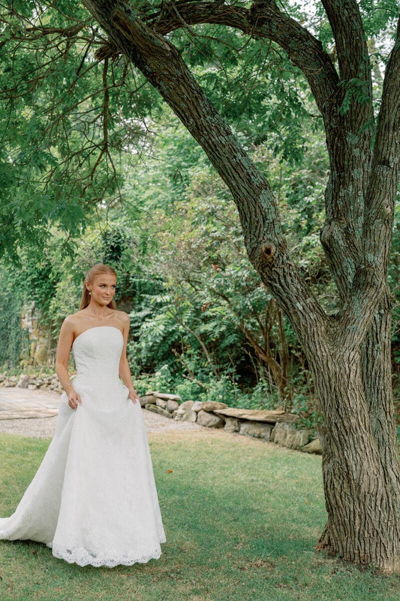 First look at the reflection pond with bride and groom at Crossed Keys Estate