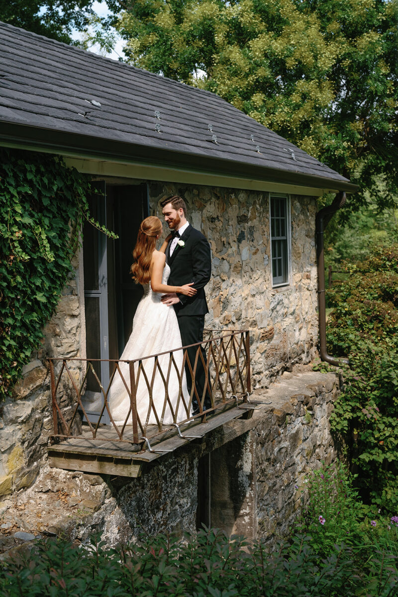 Romantic Juliet Balcony Wedding Portraits. 1800's English Stone Garden Wedding Venue
