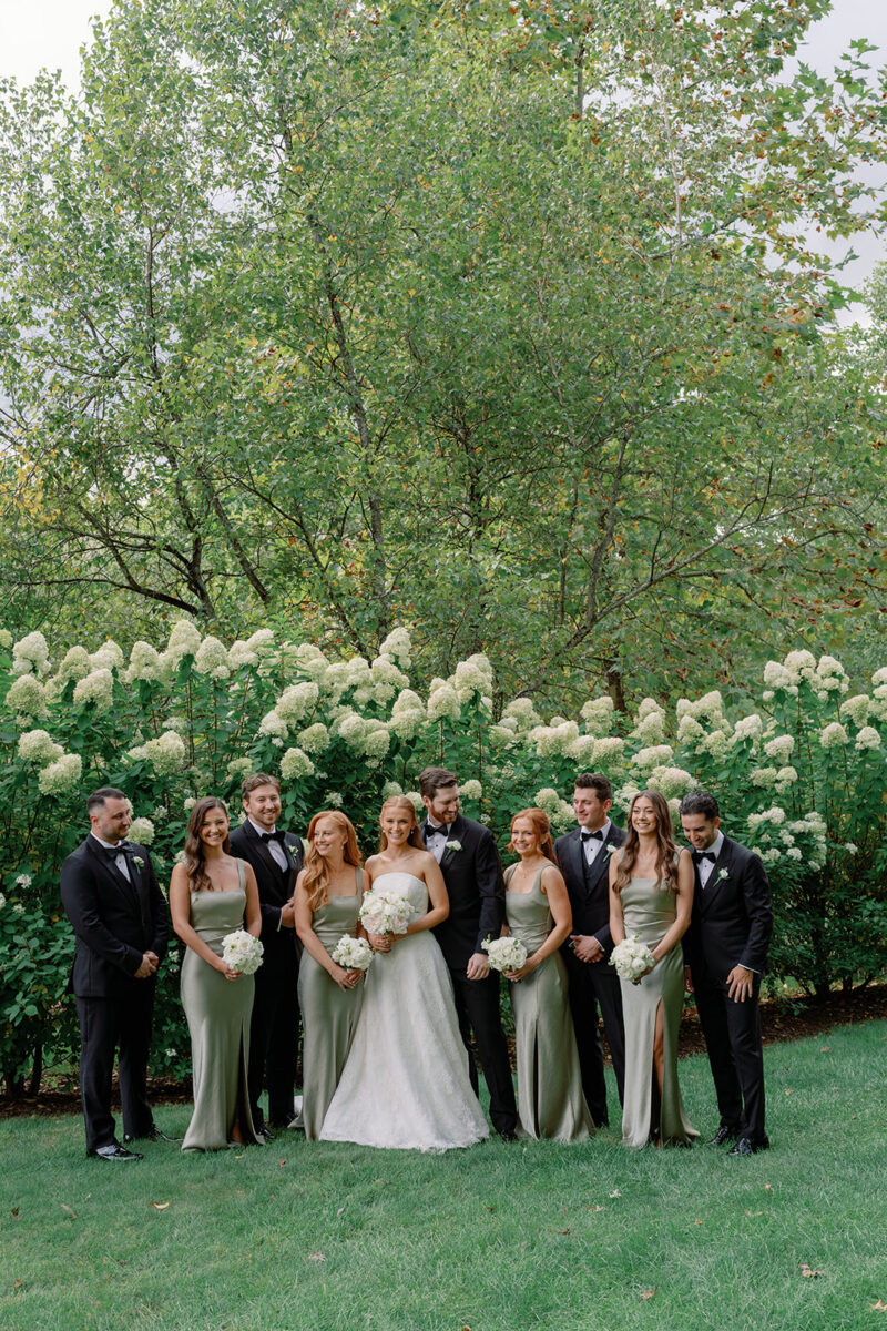 Bridal Party Portraits with limelight hydrangea bushes in the background at New Jersey estate wedding venue