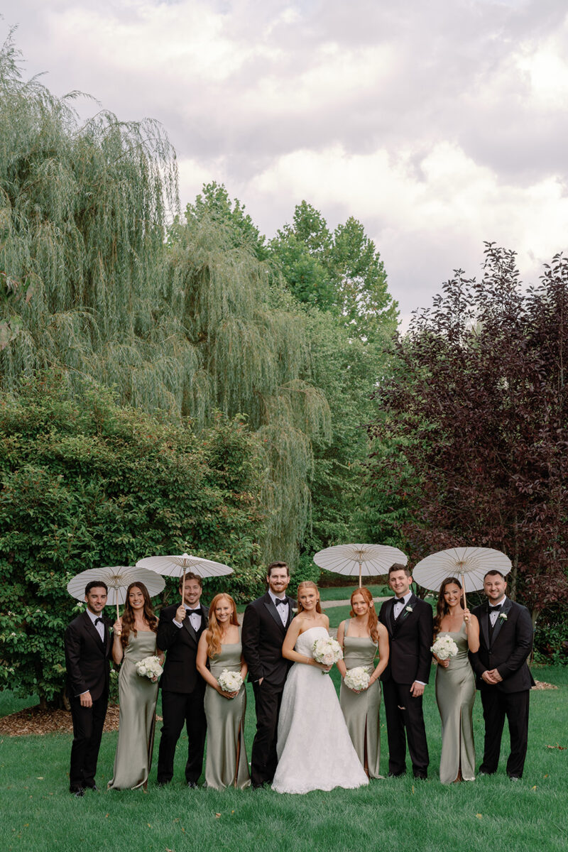 Bridal Party with weeping willows in the background at New Jersey estate wedding venue
