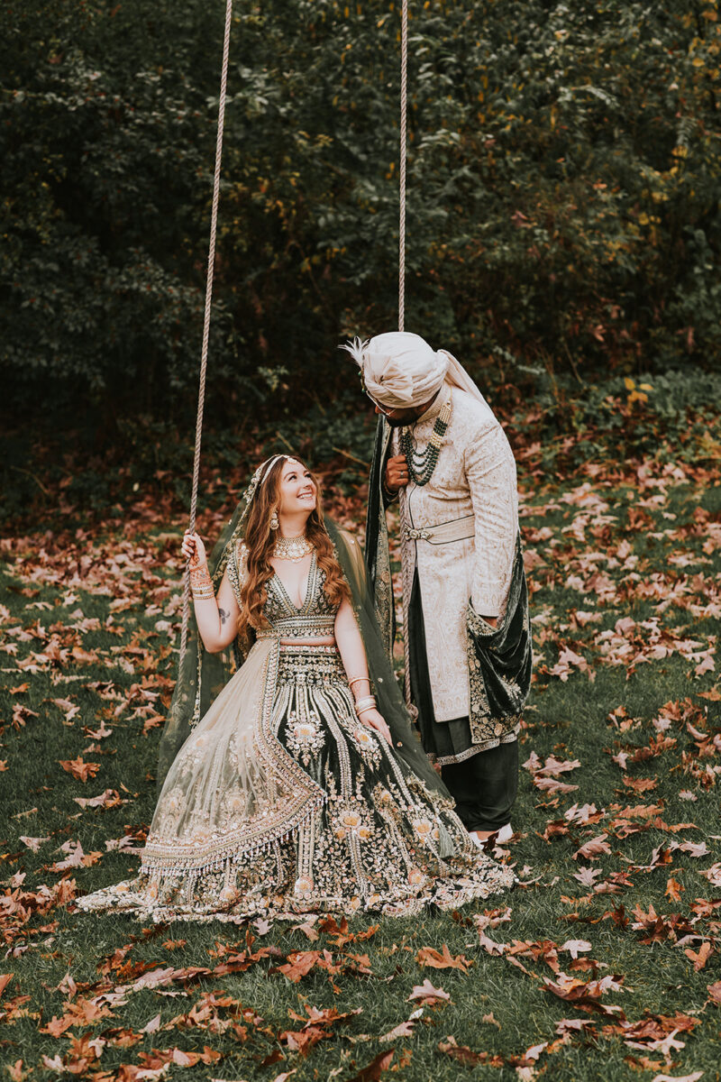 Fall wedding portrait of the bride and groom outdoors at Crossed Keys Estate.