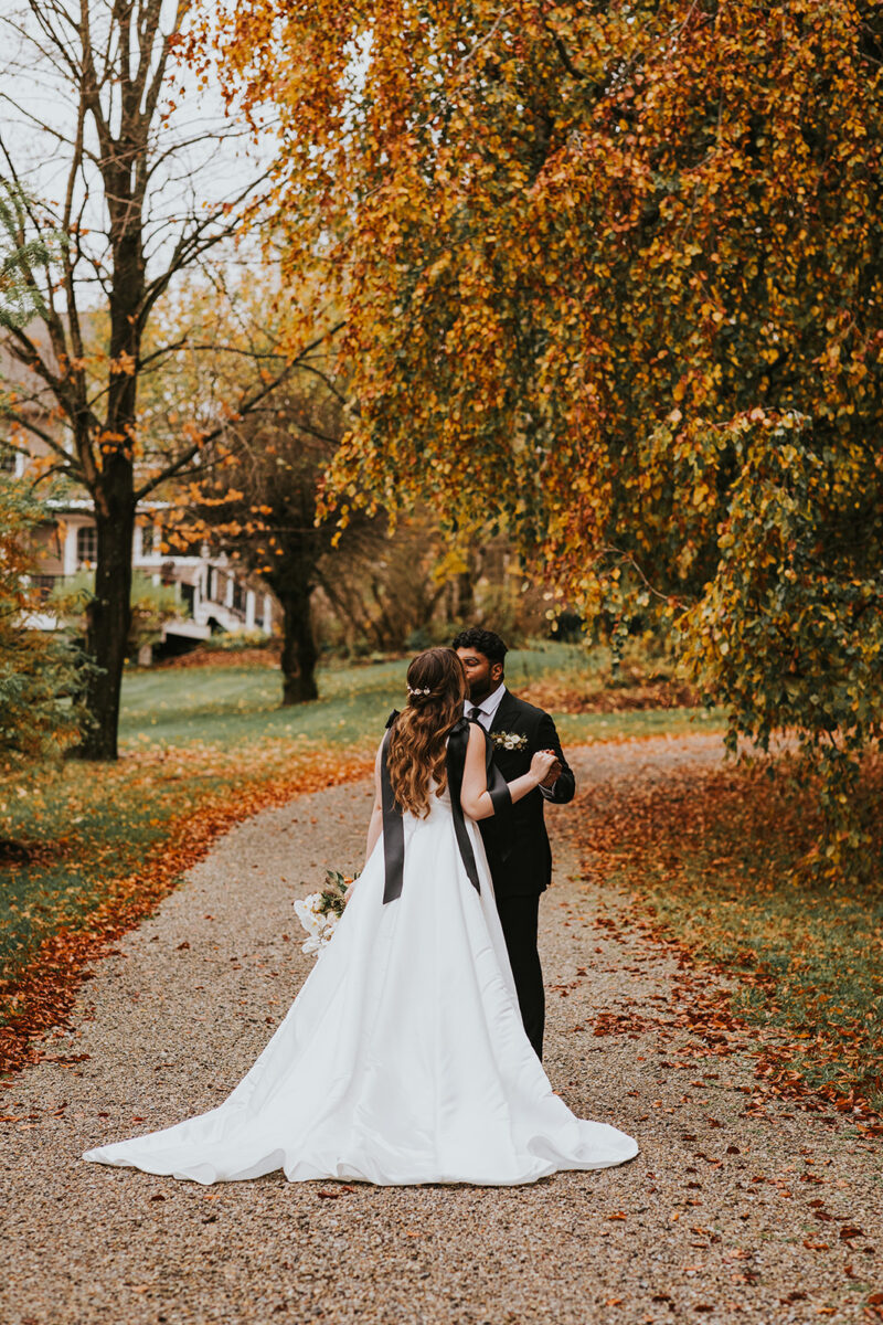 Bride and groom romantic portrait fall colors Crossed Keys Estate Hindu-American wedding