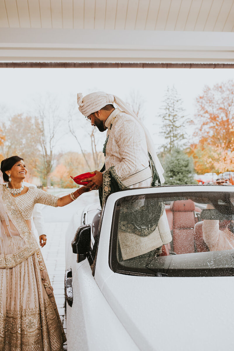 Groom Miten in traditional Kora sherwani during morning baraat Indian wedding New Jersey