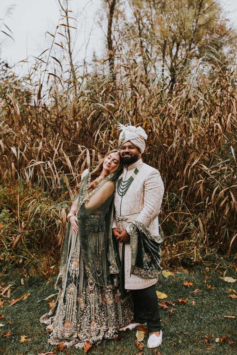 Bride and groom portraits fall foliage New Jersey garden wedding venue