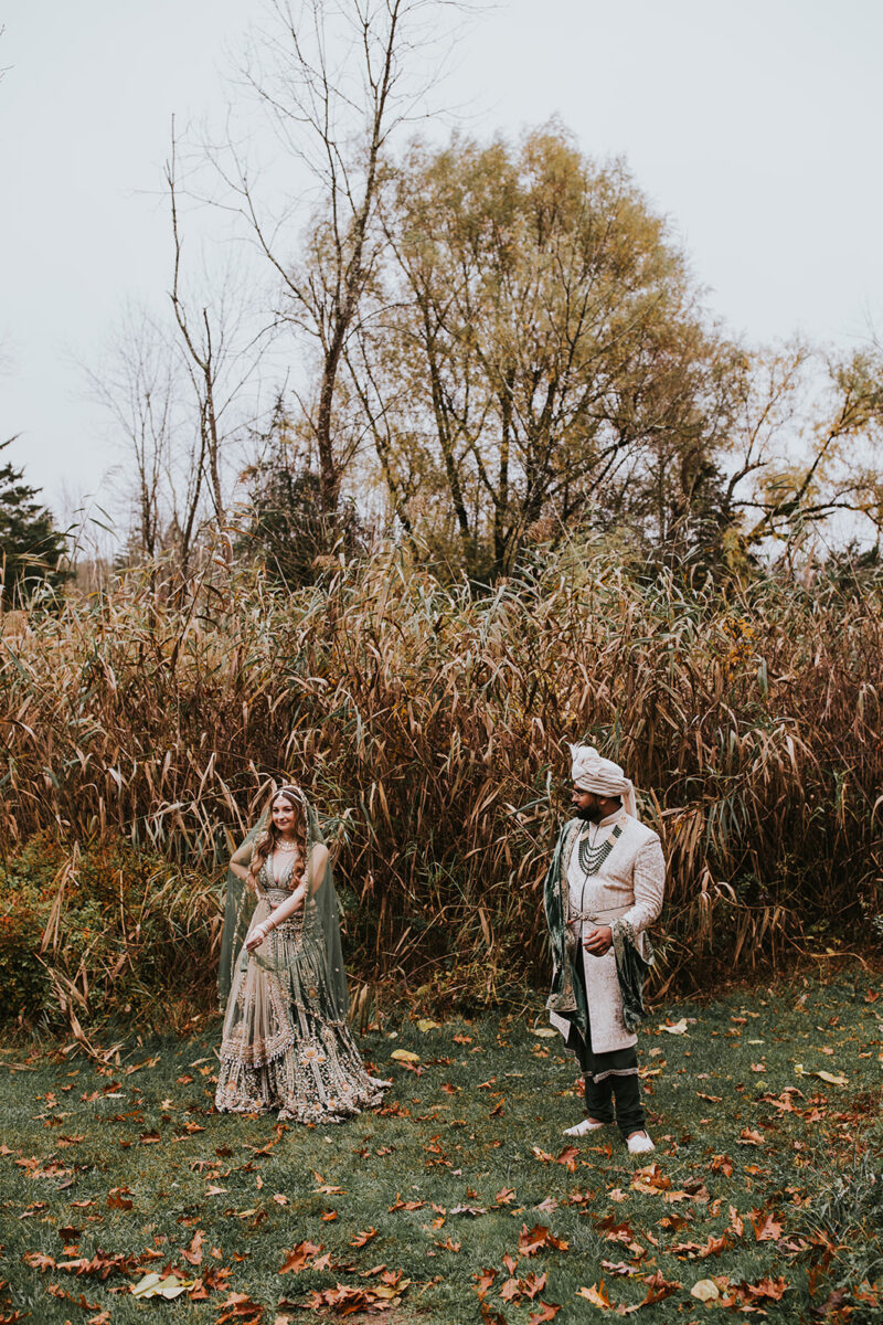 Bride and groom portraits fall foliage New Jersey garden wedding venue