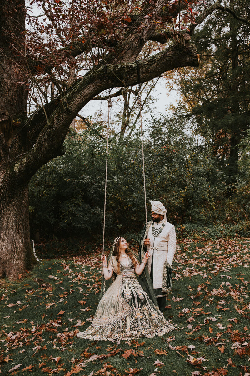 Indian-American wedding couple portraits fall foliage Crossed Keys Estate NJ wedding venue