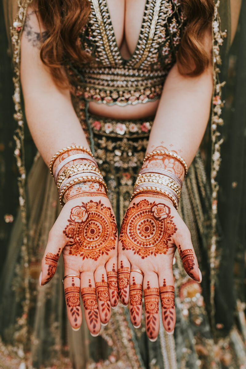 Bride's mehndi henna details and gold jewelry details Indian wedding heritage wedding fashion Crossed Keys Estate fall wedding
