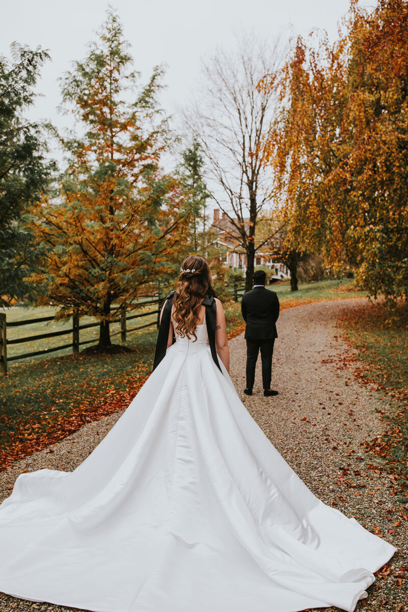 Multicultural bride and groom second look before American ceremony Crossed Keys Estate New Jersey