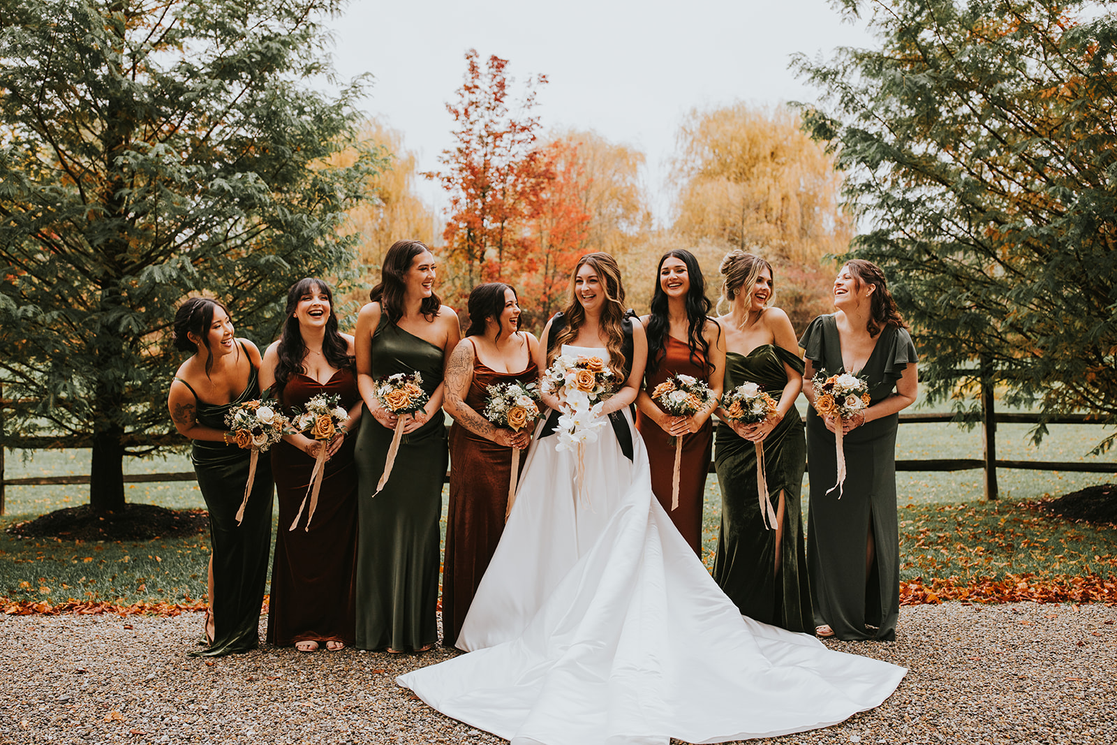 Fall Wedding, Bridal Party Portraits with Fall Boho Wedding Bouquets at Crossed Keys Estate.