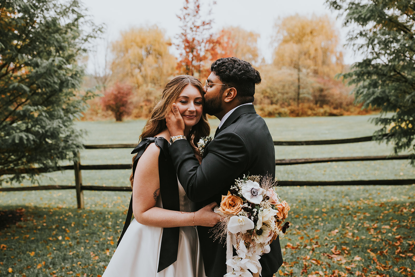 October Multicultural Wedding Portraits on Autumn Grounds of Crossed Keys Estate