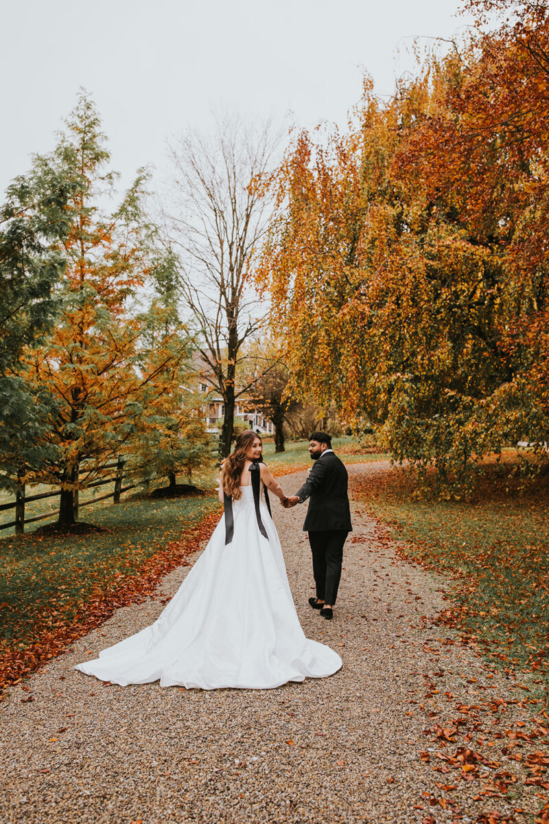 Bride and groom romantic portrait fall colors Crossed Keys Estate Hindu-American wedding