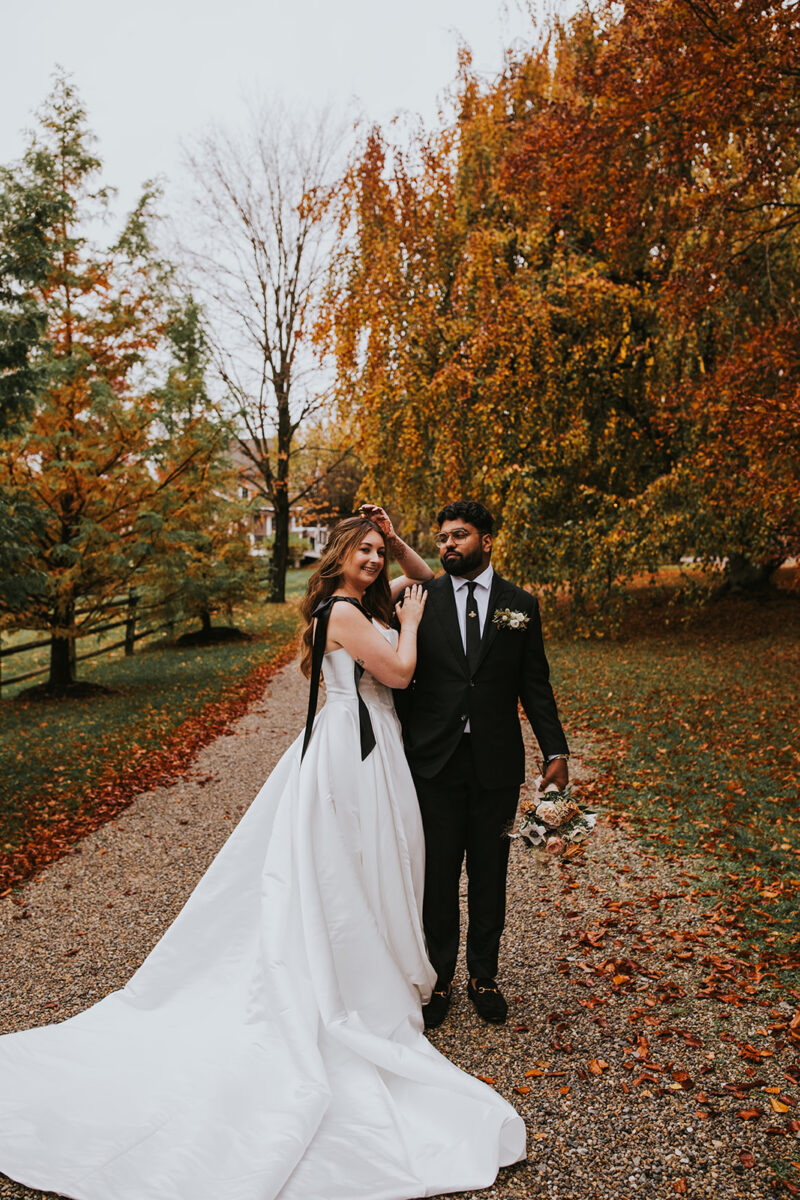 Bride and groom portraits golden hour fall foliage New Jersey garden wedding venue