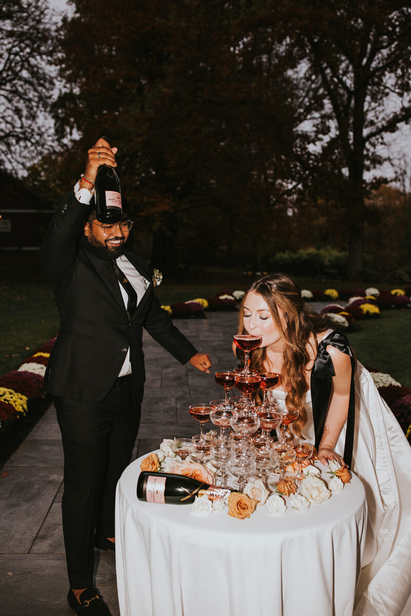 Rosé champagne tower celebration multicultural wedding reception New Jersey venue