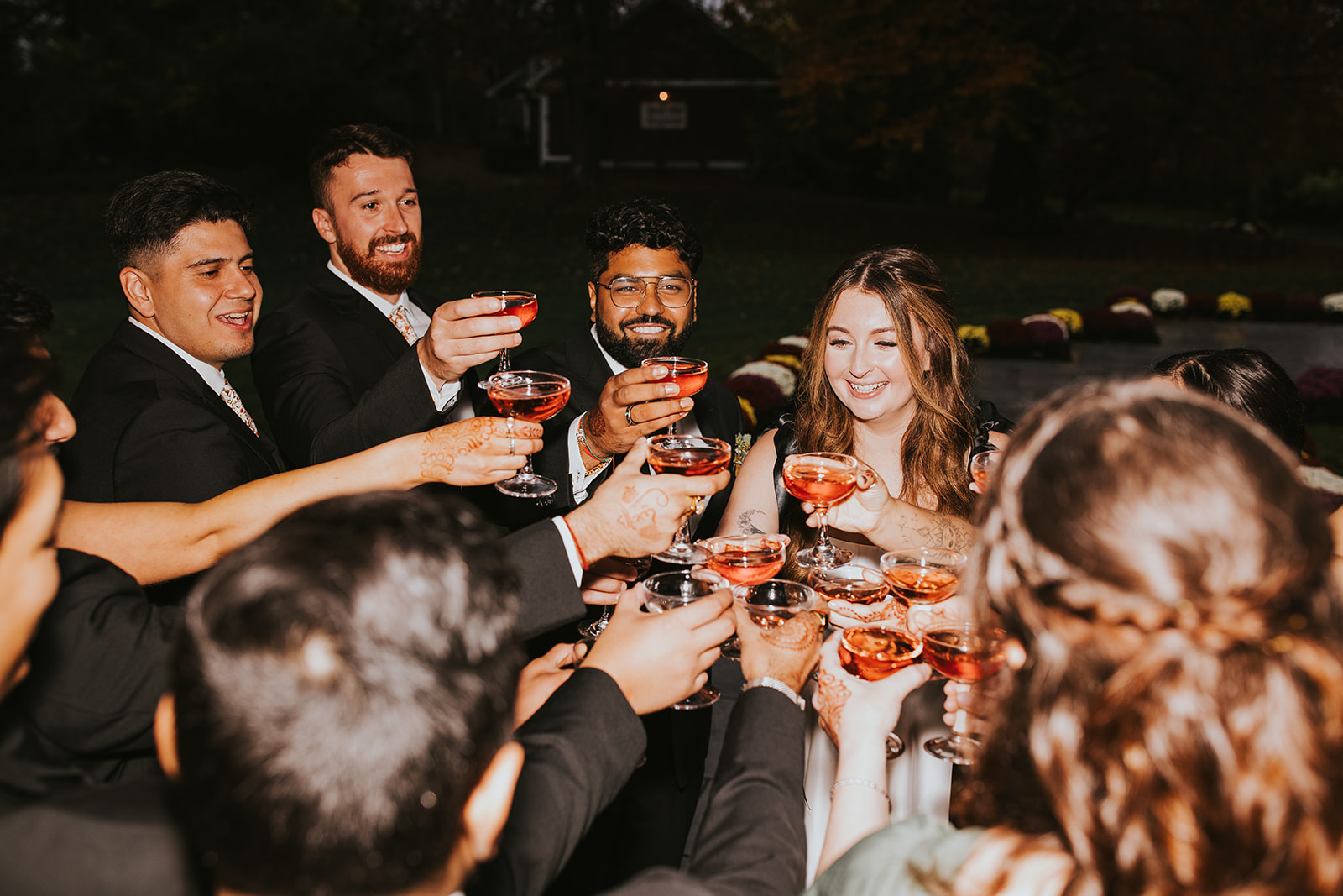 Fall wedding reception with rosé champagne tower at upscale New Jersey garden estate venue
