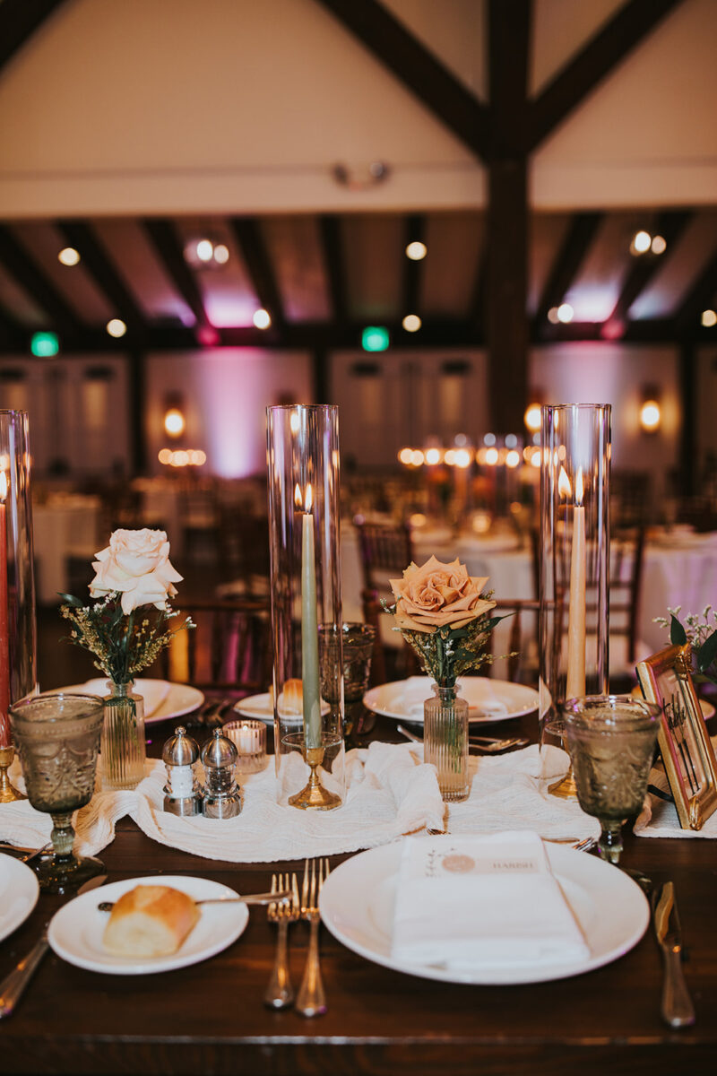 Reception tablescape candlelight fall florals Crossed Keys Estate wedding