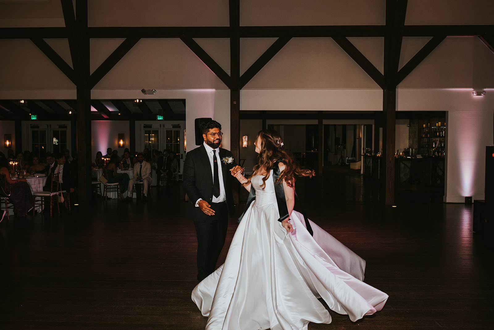 Newlywed's entrance and first dance together in Crossed Keys Estate's New Jersey Modern Luxury Farmhouse