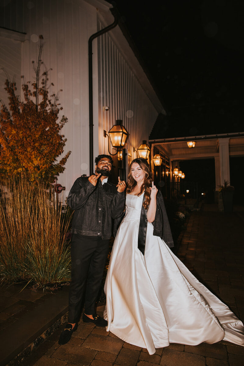 Til death, late night wedding portraits. Couple dancing reception custom jean jackets multicultural wedding Crossed Keys Estate