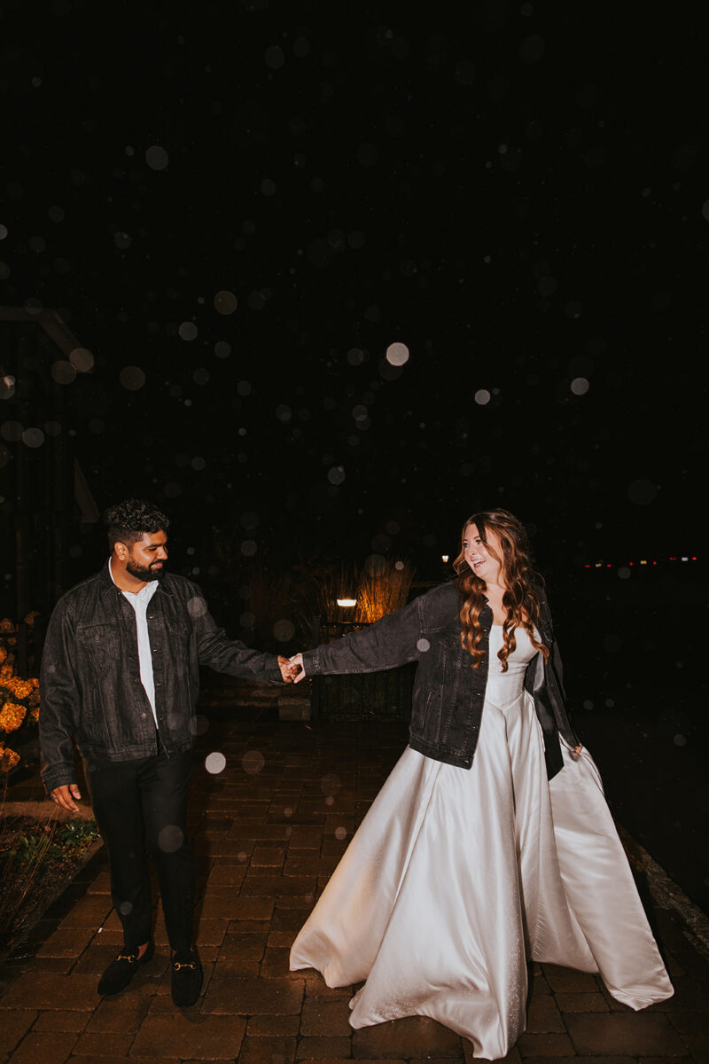 Late night wedding portraits Custom "til death" jean jackets couple detail multicultural wedding reception NJ