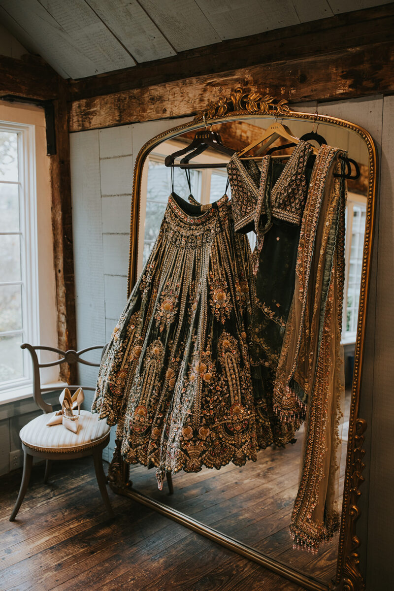 Bride's olive green lehenga closeup beaded details Indian wedding fashion NJ