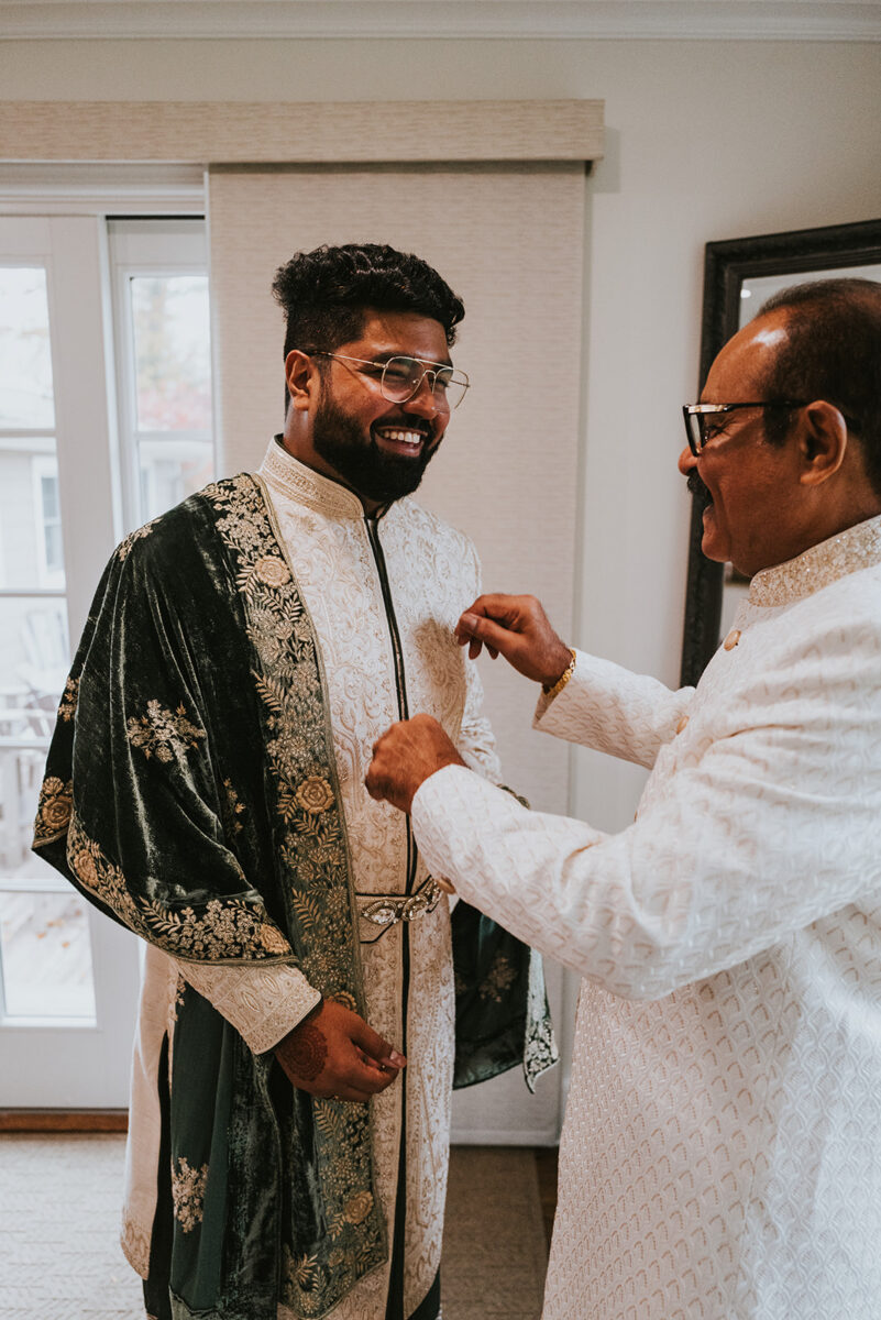 Groom's sherwani embroidery closeup Indian wedding fashion New Jersey venue