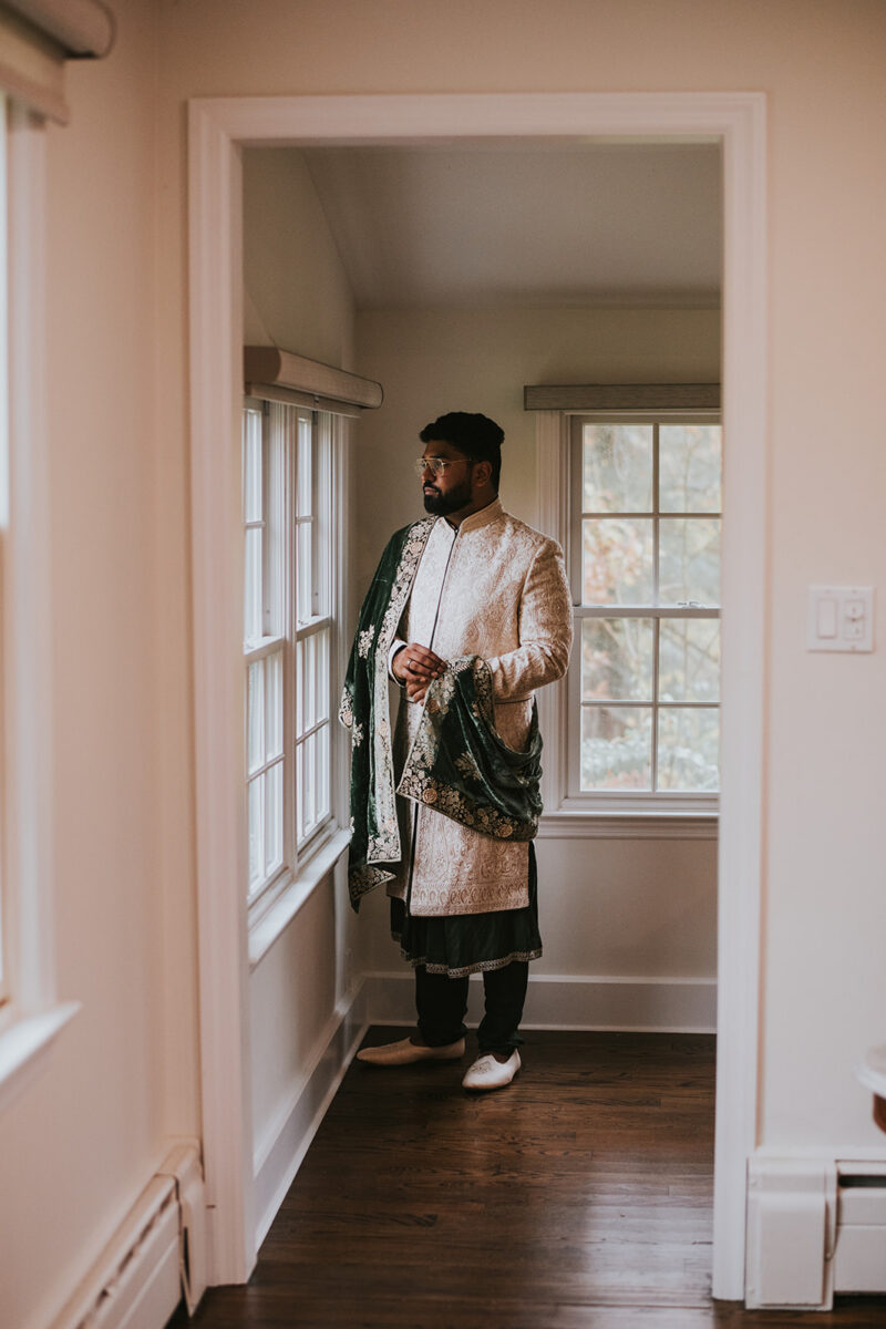 Embroidered sherwani groom portrait Indian wedding morning Crossed Keys Estate NJ