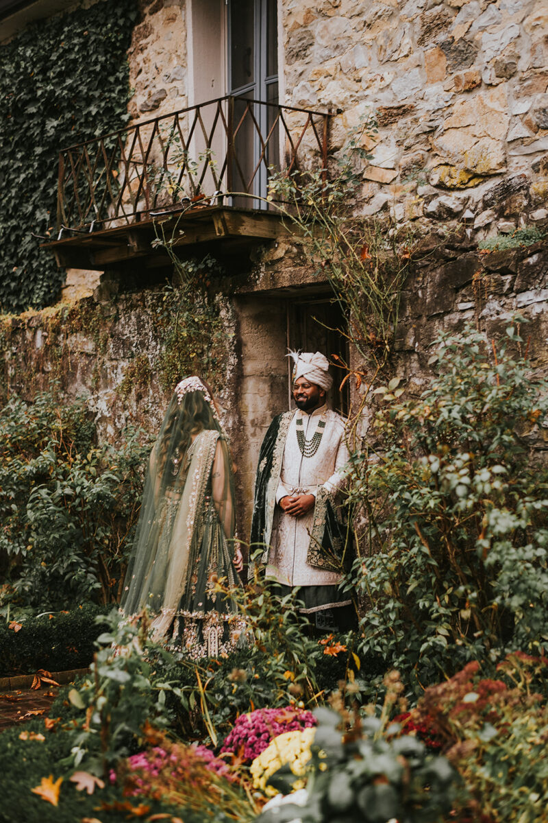 Bride and Groom's wedding day, first look in New Jersey garden Multicultural wedding