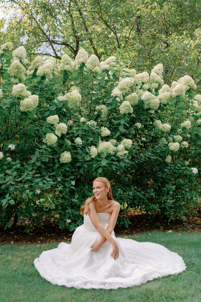 Bridal portrait in September hydrangea garden