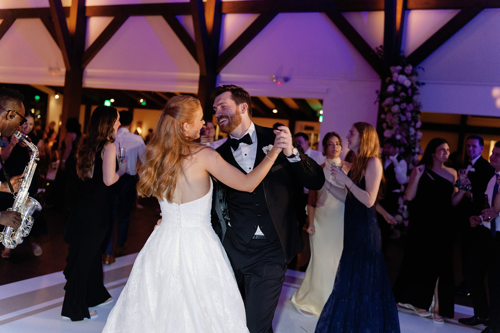 Bride and groom dancing on the dancefloor.