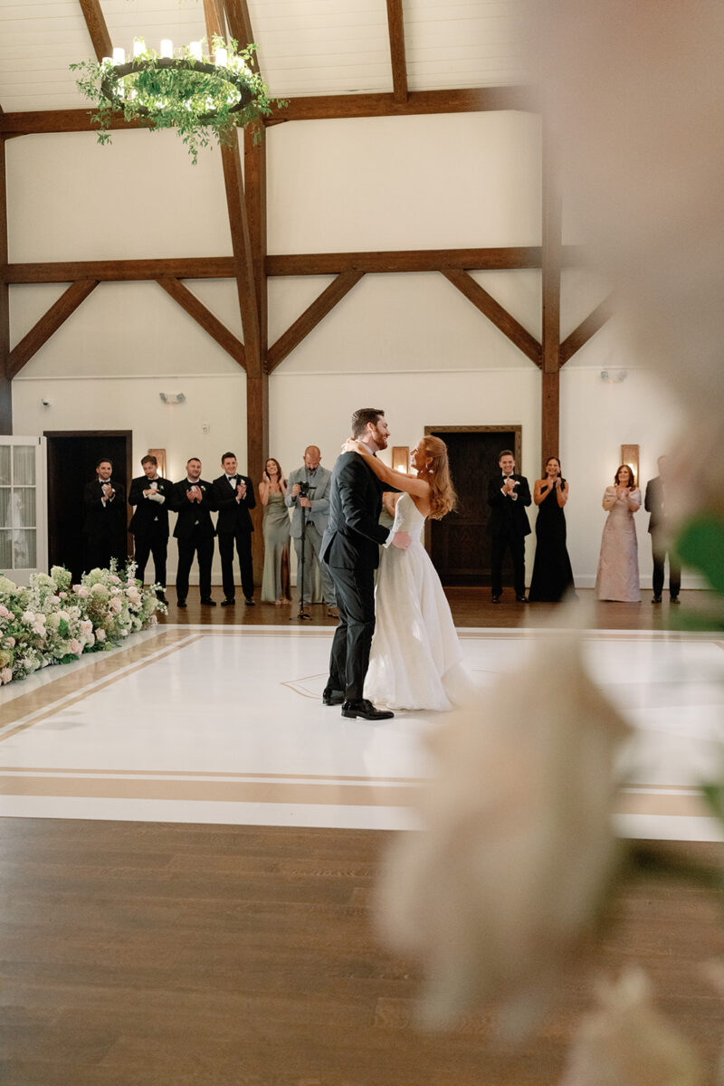 Ethereal wedding design. First dance as newlyweds. Farmhouse Wedding Venue in New Jersey. Custom Dancefloor Design. Monogram custom dancefloor.