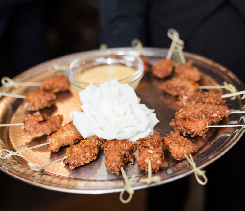 Platter of Pretzel-Crusted Chicken Skewers